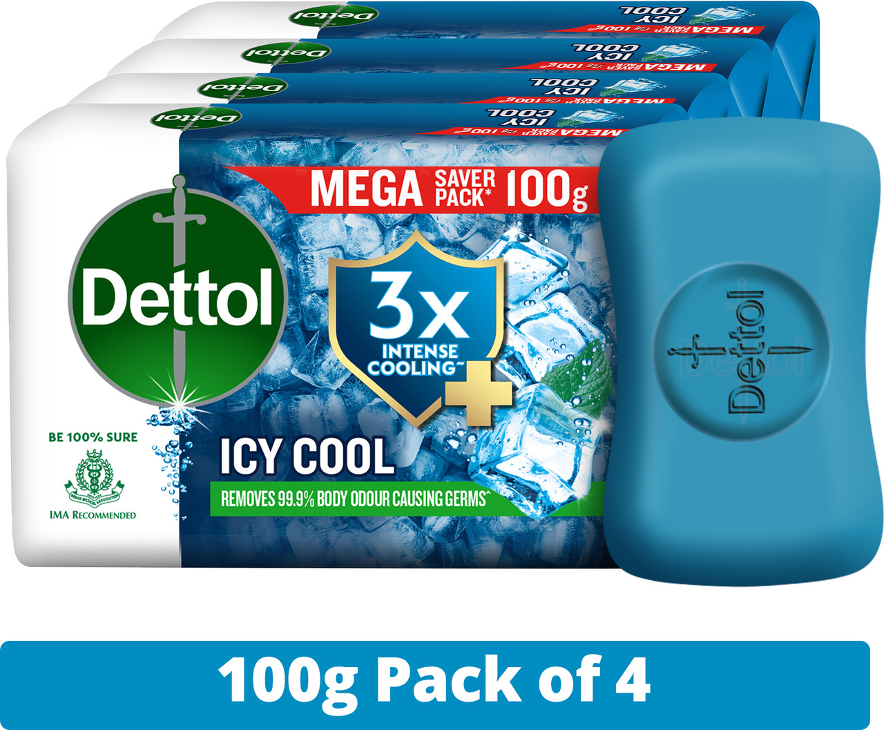 Product image for Dettol Icy Cool Bathing Soap Bar with 3x intense cooling  (4 x 100 g)