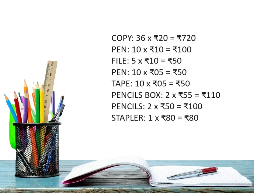 Complete Stationery Package: Copy (₹720), Pen (₹100), File (₹50), Pen (₹50), Tape ( ₹50), Pencils Bo